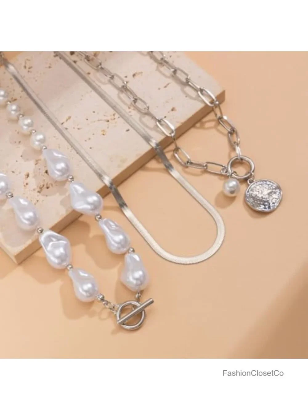 Chunky Stack Pearl Pendant Necklace Set Choker Paperclip Chain Layered